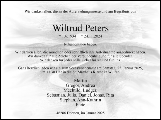 Traueranzeige von Wiltrud Peters von Ruhr Nachrichten und Dorstener Zeitung