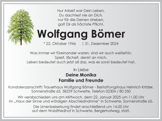 Traueranzeige von Wolfgang Bömer von Ruhr Nachrichten