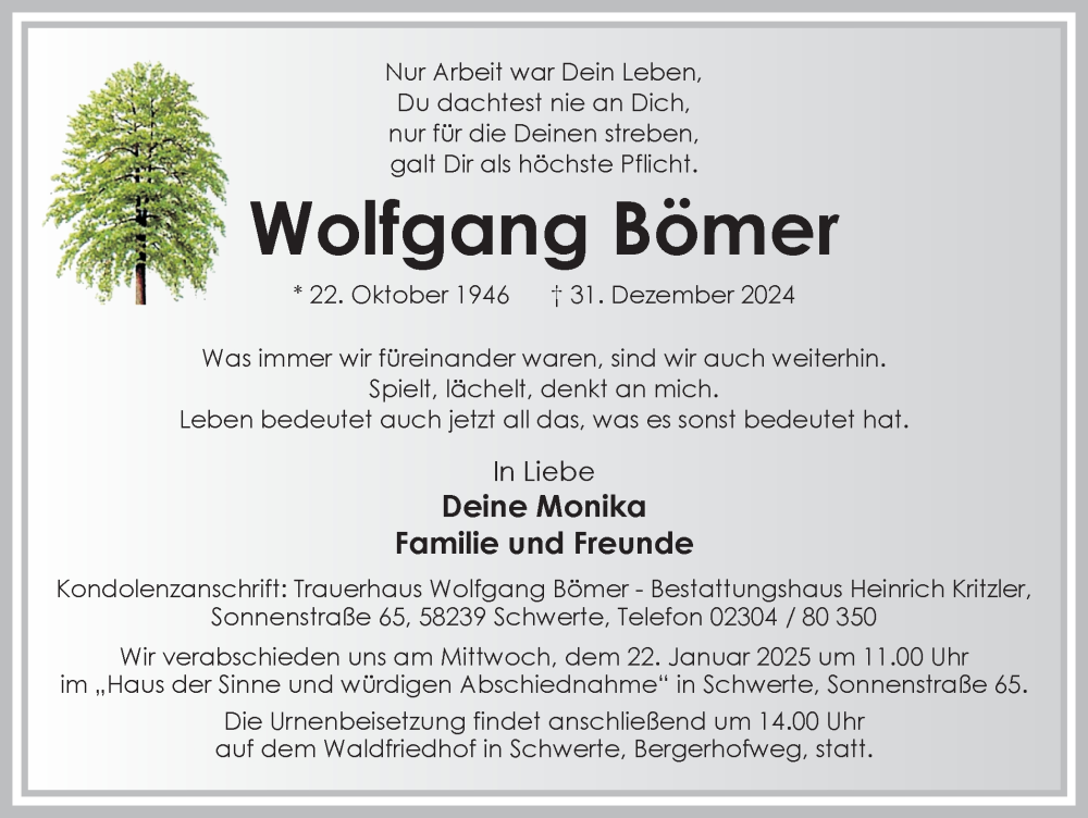  Traueranzeige für Wolfgang Bömer vom 18.01.2025 aus Ruhr Nachrichten