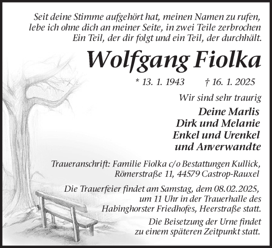 Traueranzeige von Wolfgang Fiolka von Stadtanzeiger Castrop-Rauxel
