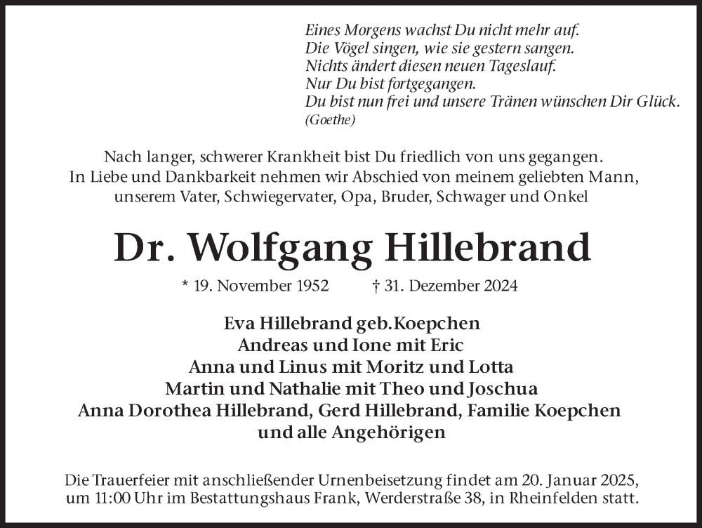  Traueranzeige für Wolfgang Hillebrand vom 11.01.2025 aus Ruhr Nachrichten