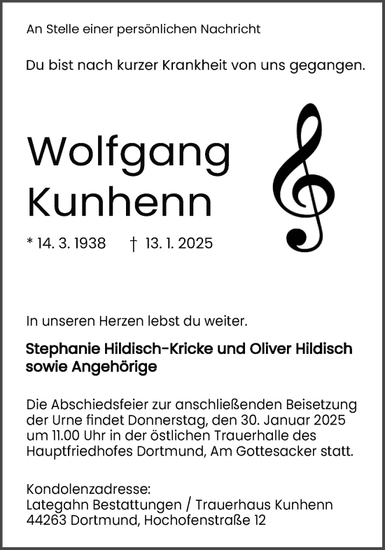 Traueranzeige von Wolfgang Kunhenn von Ruhr Nachrichten