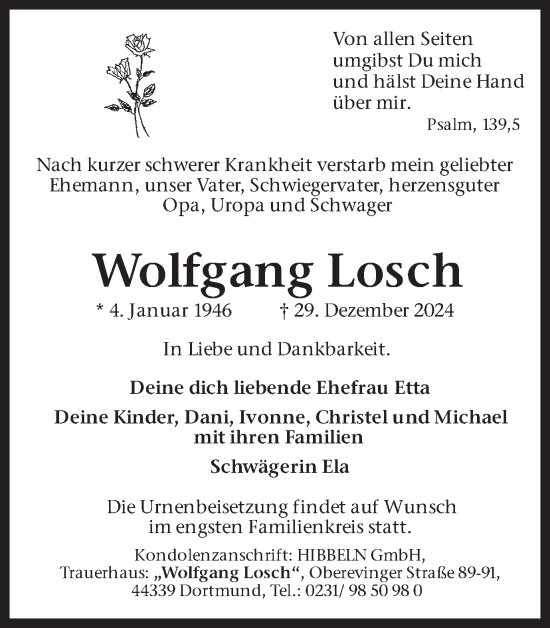 Traueranzeige von Wolfgang Losch von Ruhr Nachrichten