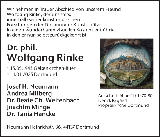 Traueranzeige von Wolfgang Rinke von Ruhr Nachrichten