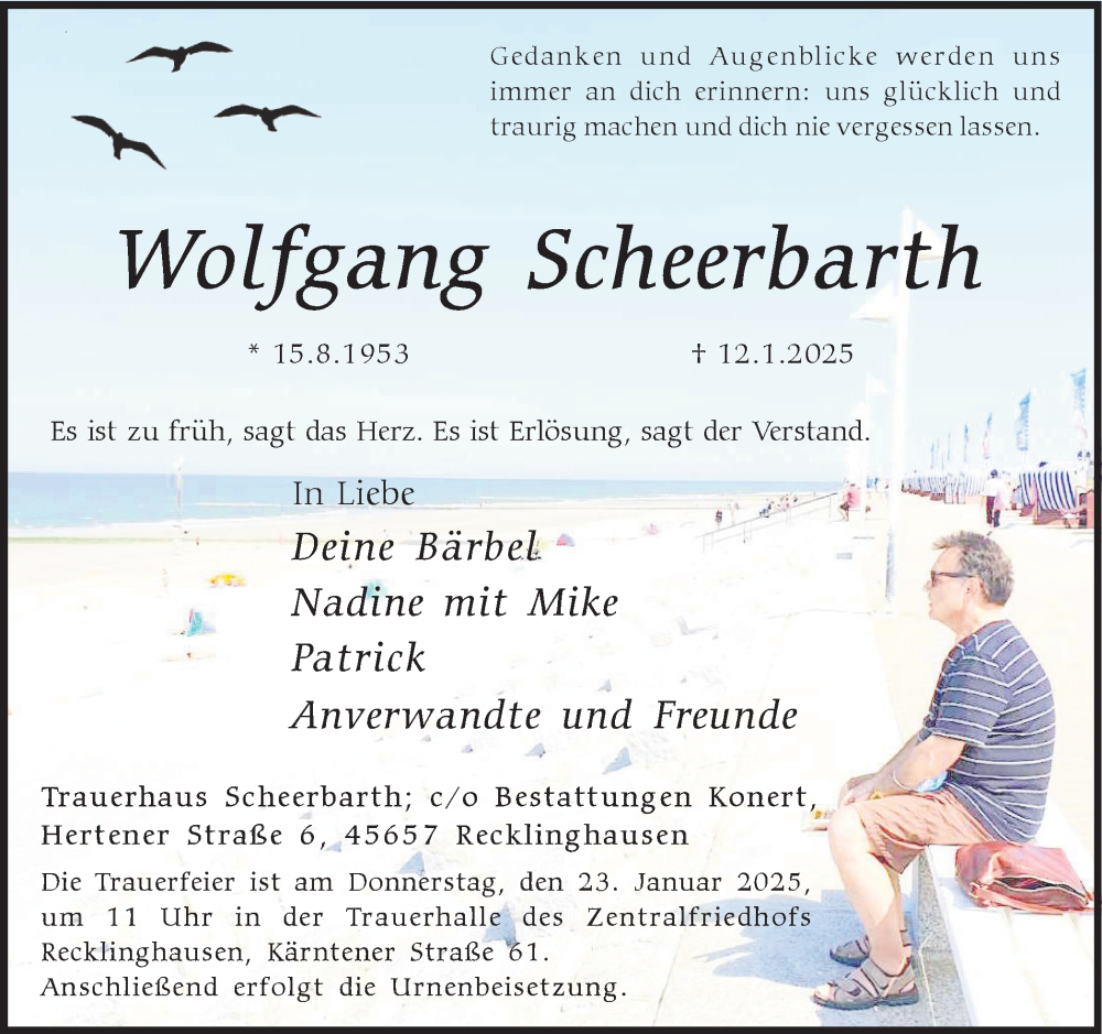  Traueranzeige für Wolfgang Scheerbarth vom 18.01.2025 aus Trauer Vest