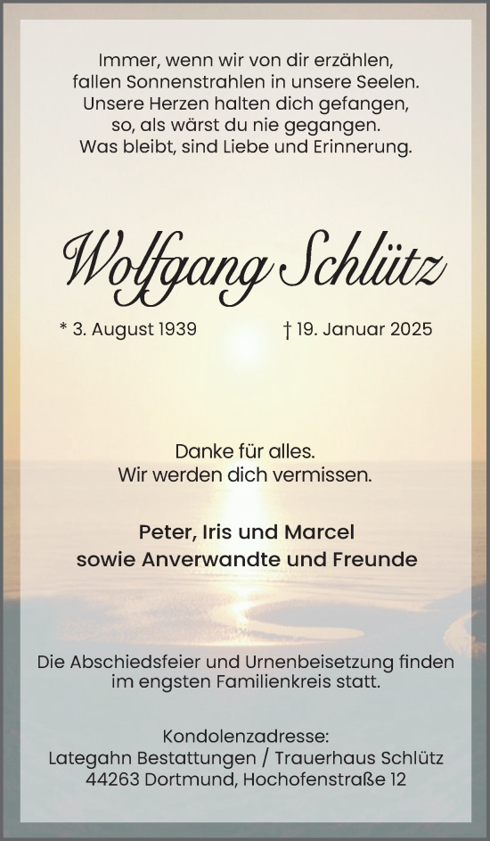 Traueranzeige von Wolfgang Schlütz von Ruhr Nachrichten