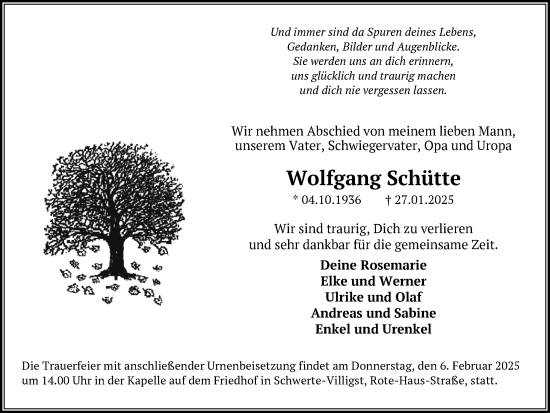 Traueranzeige von Wolfgang Schütte von Ruhr Nachrichten