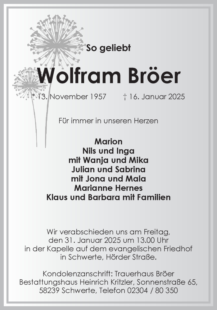  Traueranzeige für Wolfram Bröer vom 25.01.2025 aus Ruhr Nachrichten