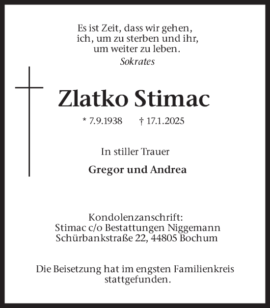 Traueranzeige von Zlatko Stimac von Ruhr Nachrichten