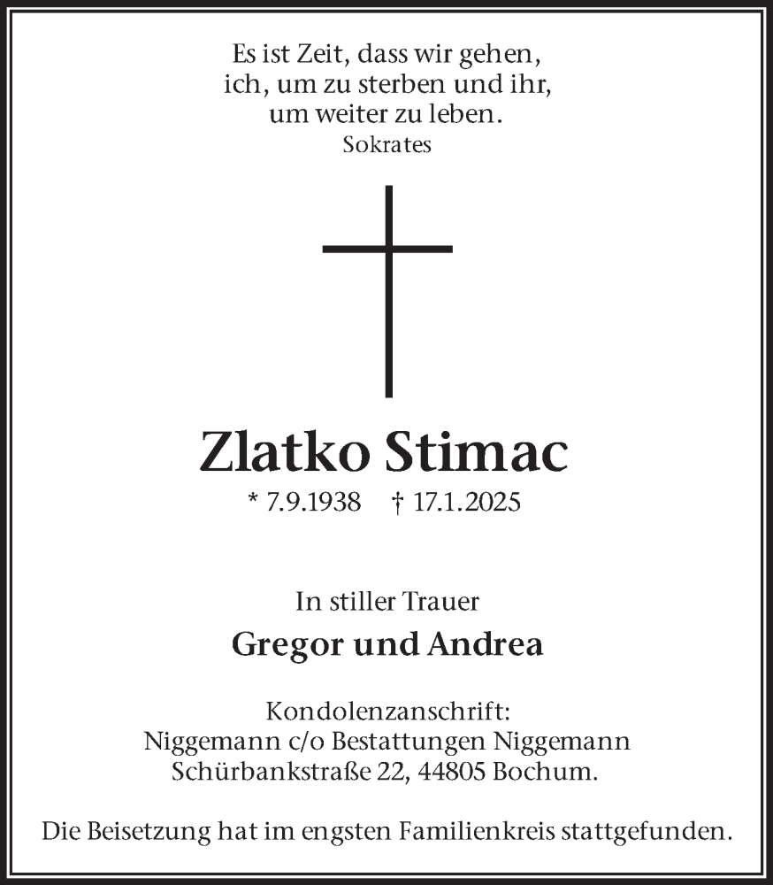  Traueranzeige für Zlatko Stimac vom 29.01.2025 aus Ruhr Nachrichten