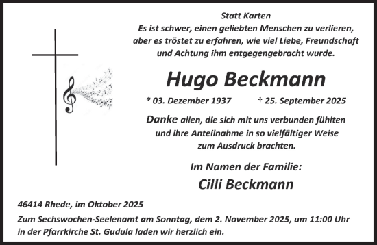 Traueranzeige von Hugo Beckmann von Bocholter Borkener Volksblatt 