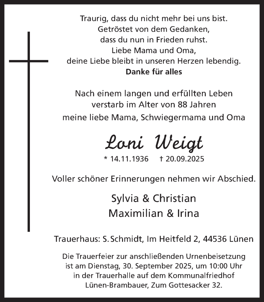  Traueranzeige für Loni Weigt vom 27.09.2025 aus Ruhr Nachrichten