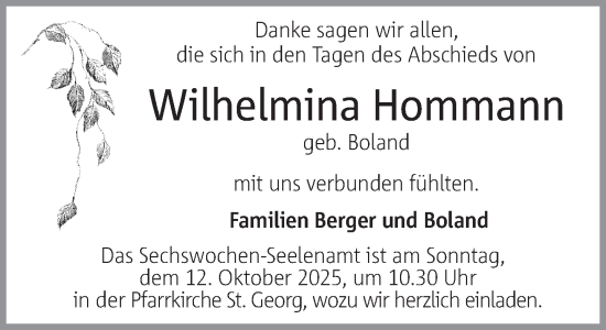 Traueranzeige von Wilhelmina Hommann von Bocholter Borkener Volksblatt 