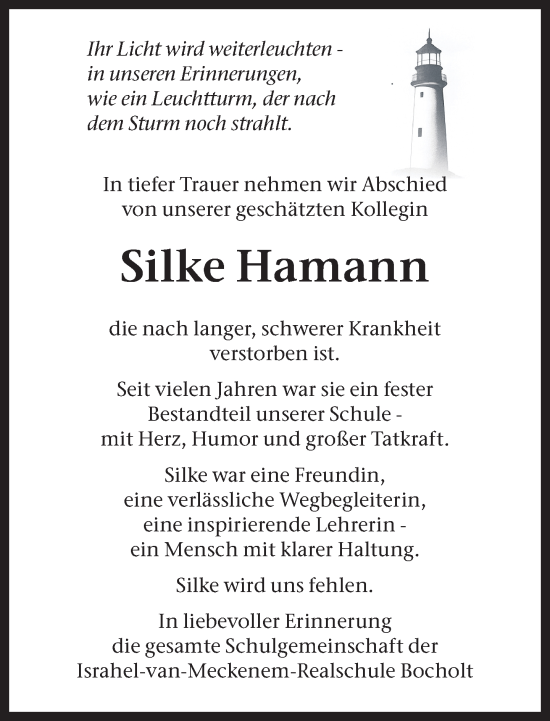 Traueranzeige von Silke Hamann von Bocholter Borkener Volksblatt 