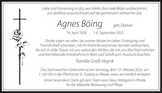 Traueranzeige von Agnes Böing von Bocholter Borkener Volksblatt 