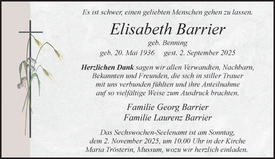Traueranzeige von Elisabeth Barrier von Bocholter Borkener Volksblatt 