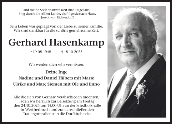 Traueranzeige von Gerhard Hasenkamp von Bocholter Borkener Volksblatt