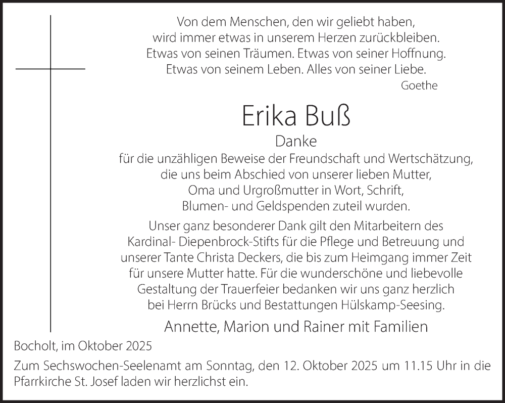  Traueranzeige für Erika Buß vom 09.10.2025 aus Bocholter Borkener Volksblatt 