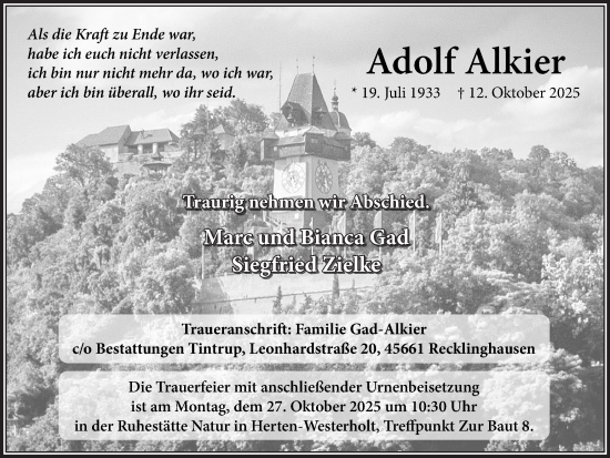 Traueranzeige von Adolf Alkier von Trauer Vest
