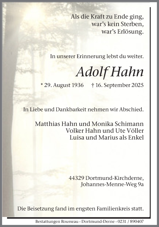 Traueranzeige von Adolf Hahn von Ruhr Nachrichten