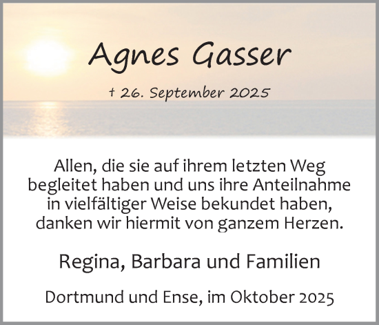 Traueranzeige von Agnes Gasser von Ruhr Nachrichten