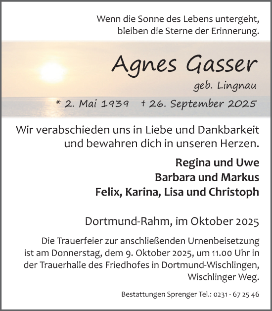 Traueranzeige von Agnes Gasser von Ruhr Nachrichten
