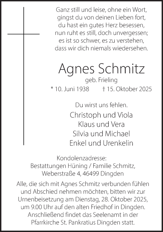 Traueranzeige von Agnes Schmitz 