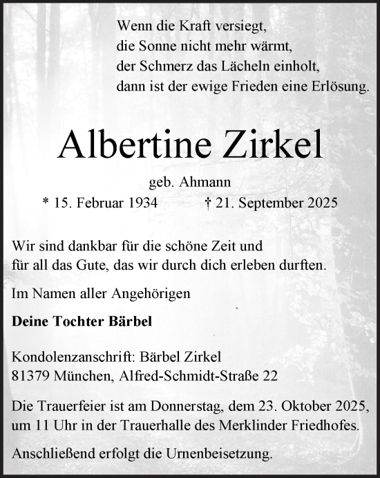 Traueranzeige von Albertine Zirkel von Stadtanzeiger Castrop-Rauxel