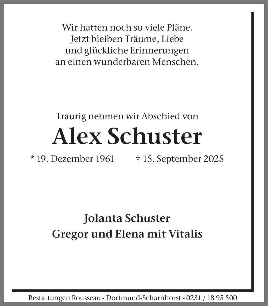  Traueranzeige für Alex Schuster vom 11.10.2025 aus Ruhr Nachrichten