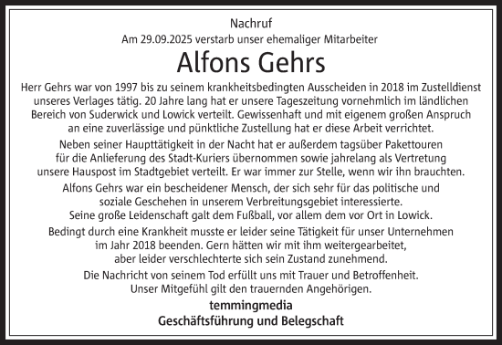 Traueranzeige von Alfons Gehrs 