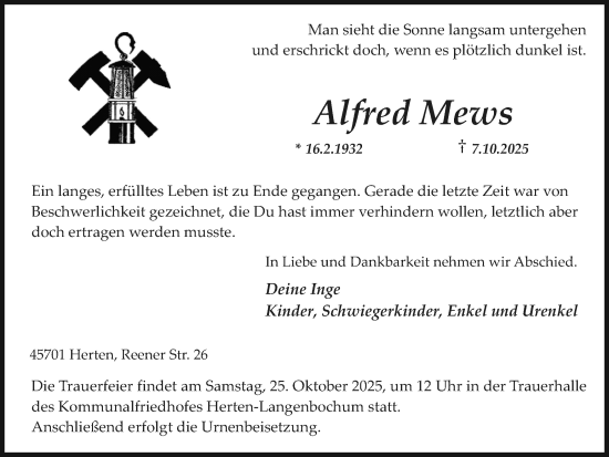 Traueranzeige von Alfred Mews von Trauer Vest