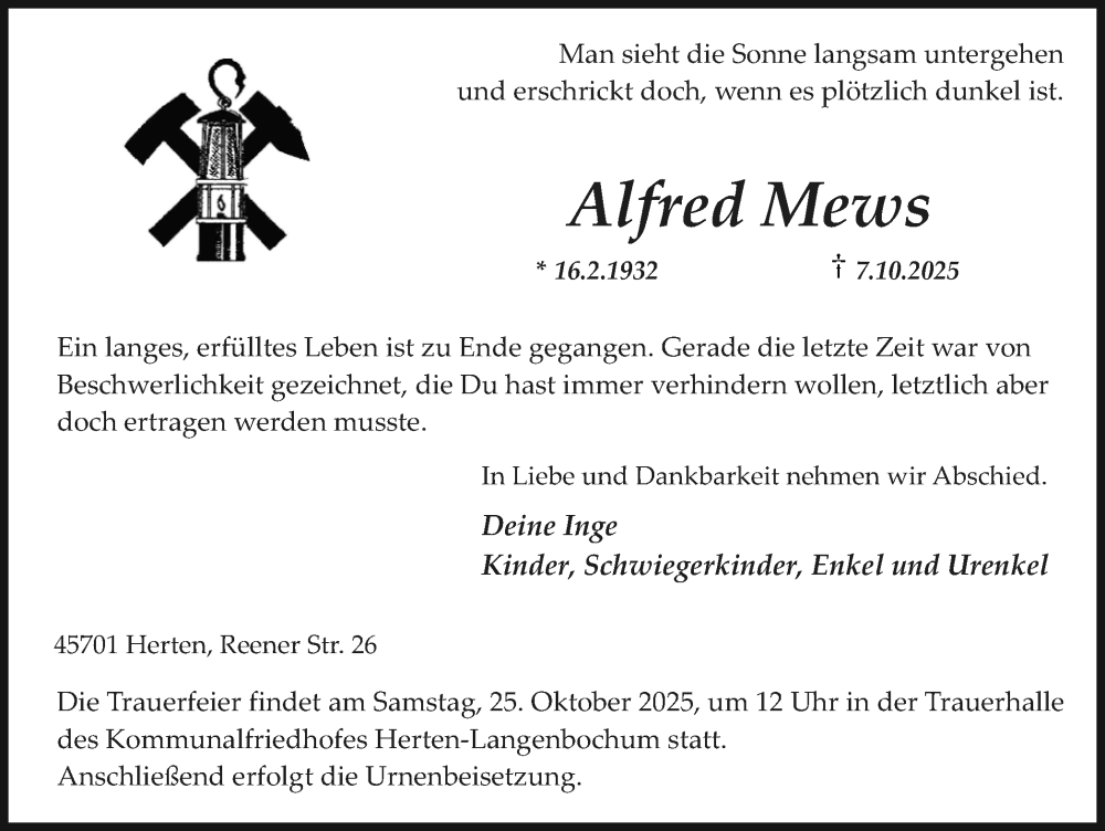  Traueranzeige für Alfred Mews vom 18.10.2025 aus Trauer Vest
