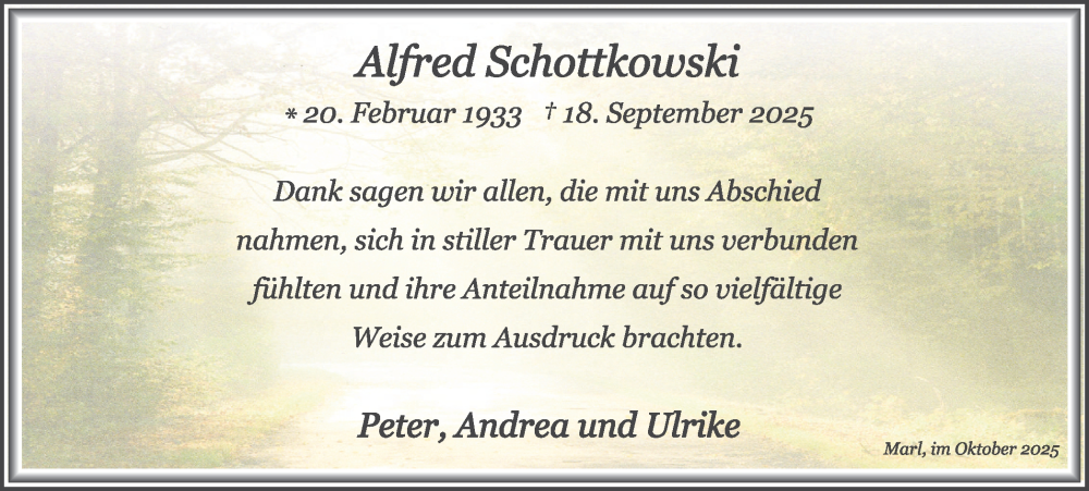  Traueranzeige für Alfred Schottkowski vom 01.11.2025 aus Trauer Vest