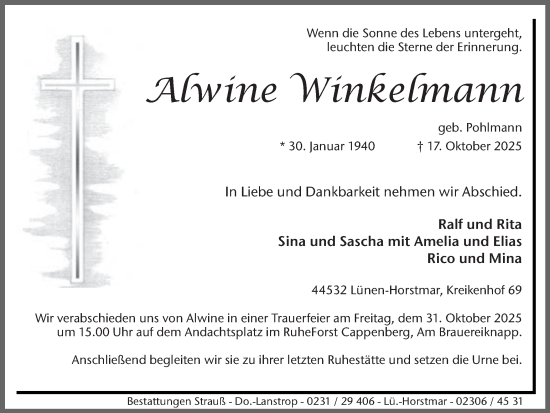 Traueranzeige von Alwine Winkelmann von Ruhr Nachrichten