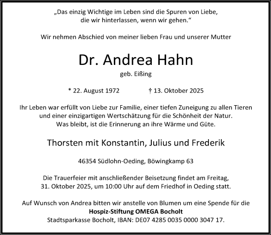 Traueranzeige von Andrea Hahn 
