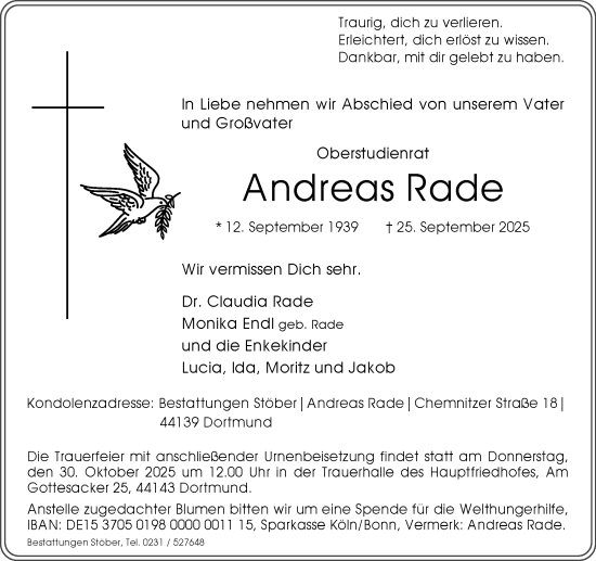 Traueranzeige von Andreas Rade von Ruhr Nachrichten