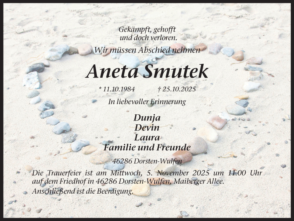  Traueranzeige für Aneta Smutek vom 31.10.2025 aus Ruhr Nachrichten und Dorstener Zeitung