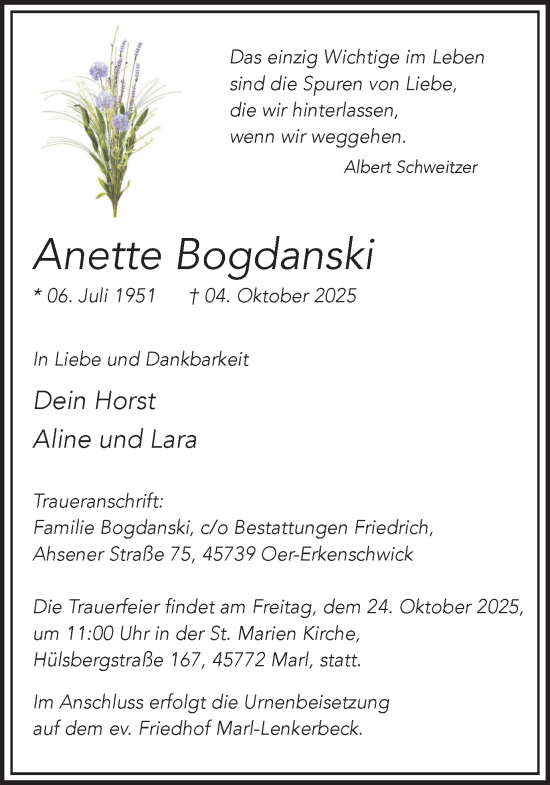 Traueranzeige von Anette Bogdanski von Trauer Vest
