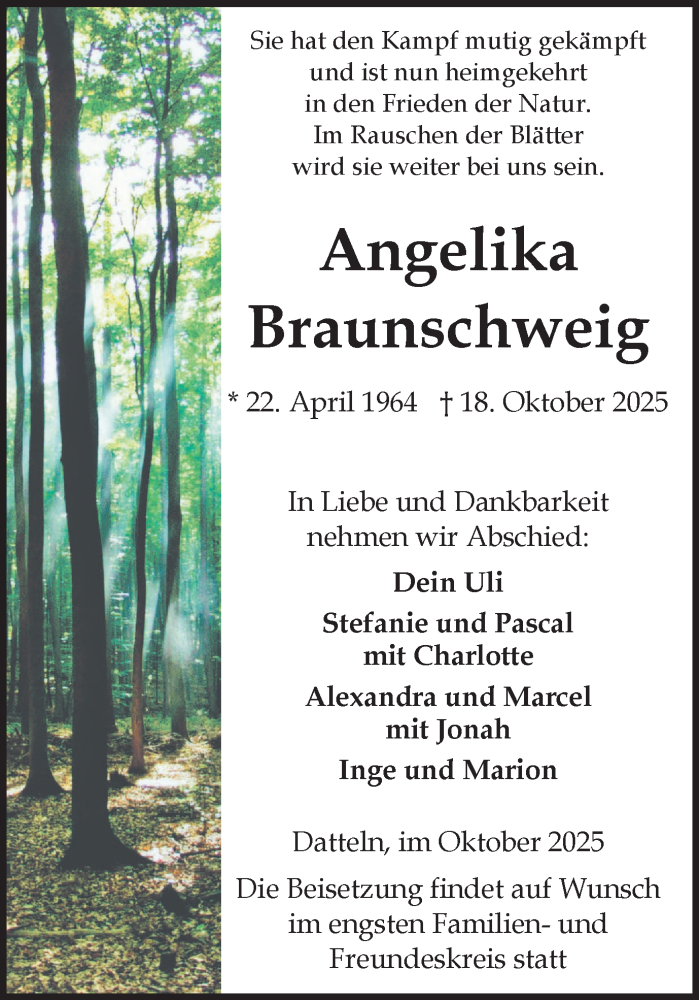  Traueranzeige für Angelika Braunschweig vom 25.10.2025 aus Trauer Vest