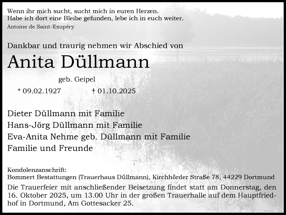  Traueranzeige für Anita Düllmann vom 11.10.2025 aus Ruhr Nachrichten