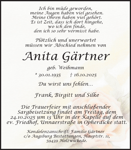 Traueranzeige von Anita Gärtner von Hellweger Anzeiger