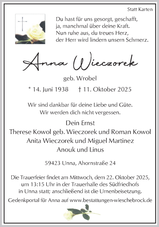 Traueranzeige von Anna Wieczorek von Hellweger Anzeiger