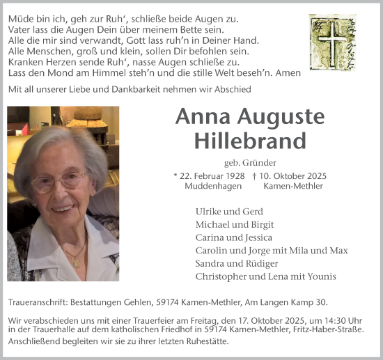Traueranzeige von Anna Auguste Hillebrand von Hellweger Anzeiger
