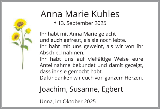 Traueranzeige von Anna Marie Kuhles von Hellweger Anzeiger