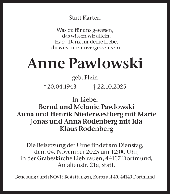 Traueranzeige von Anne Pawlowski von Ruhr Nachrichten