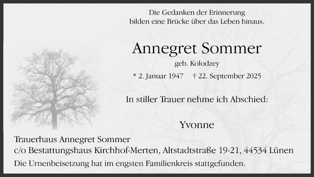  Traueranzeige für Annegret Sommer vom 11.10.2025 aus Lüner Anzeiger