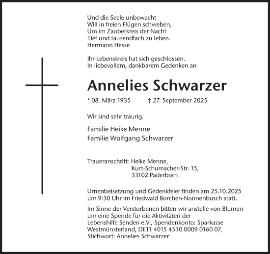Traueranzeige von Annelies Schwarzer von Hellweger Anzeiger
