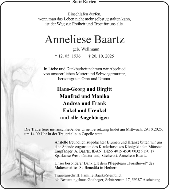 Traueranzeige von Anneliese Baartz von Ruhr Nachrichten