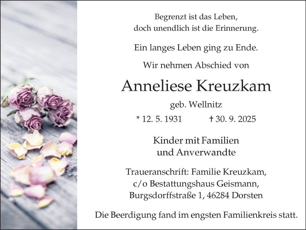  Traueranzeige für Anneliese Kreuzkam vom 11.10.2025 aus Ruhr Nachrichten und Dorstener Zeitung