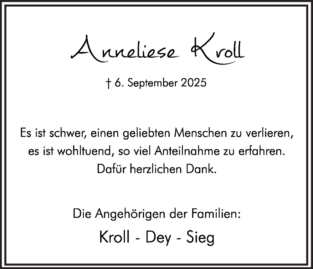  Traueranzeige für Anneliese Kroll vom 18.10.2025 aus Hellweger Anzeiger